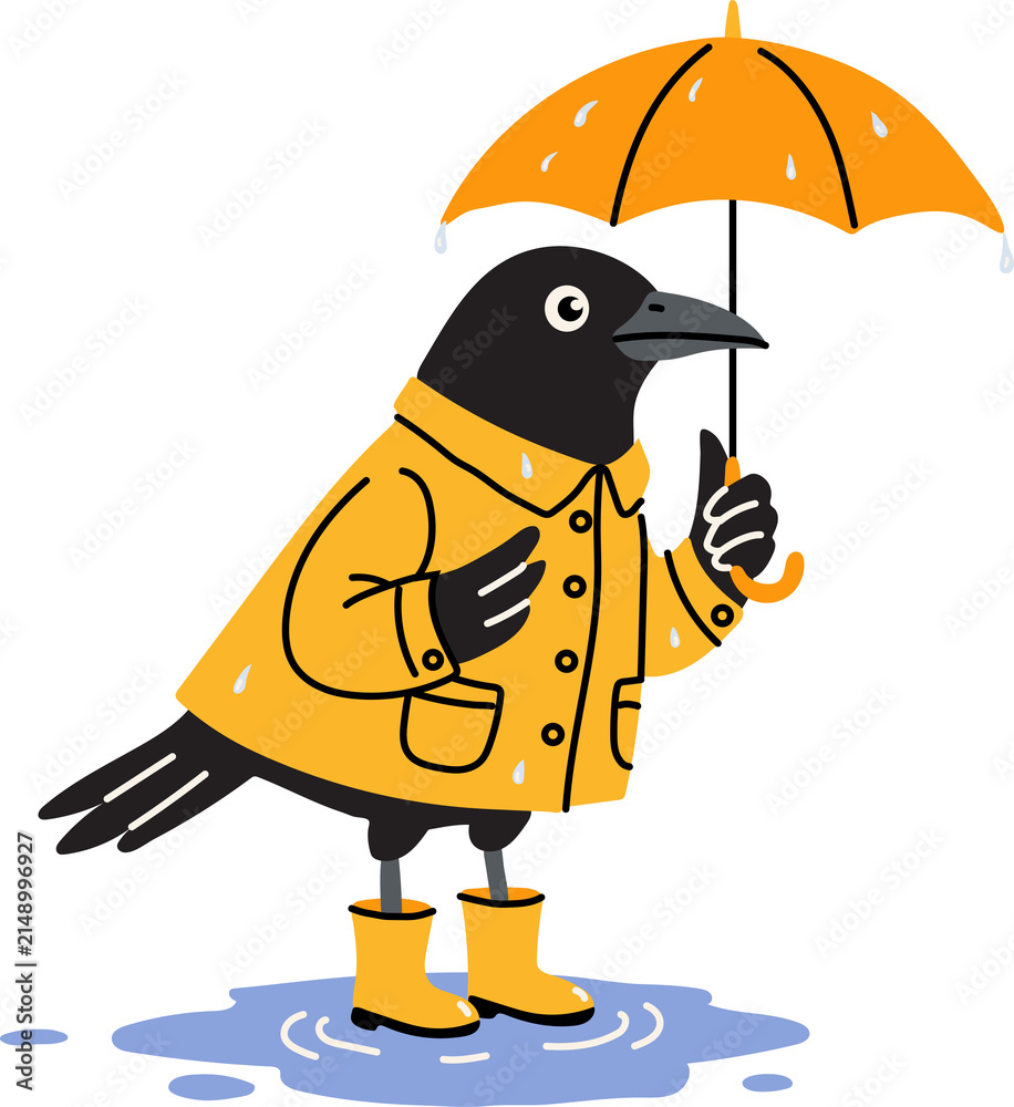 Obraz premium Cute Raven Holding Umbrella in Yellow Raincoat