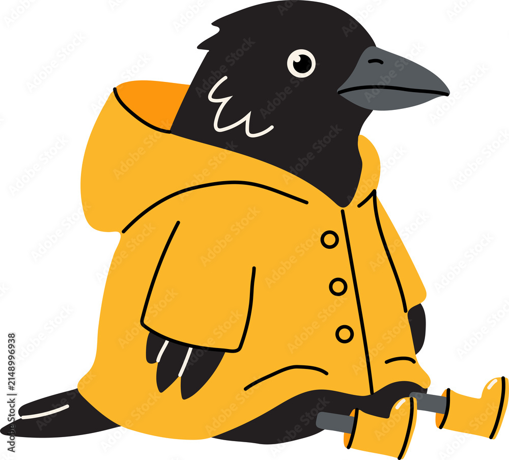 Obraz premium Cartoon Crow Resting in Bright Yellow Rain Jacket