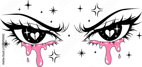 Gothic Broken Heart Eyes with Pink Dripping Tears