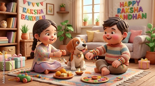 Happy Raksha Bandhan Celebration with Cute Cartoon Brother and Sister