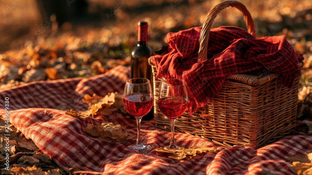 Obraz premium Autumn picnic with red wine, wicker basket and checkered blanket in golden sunset park