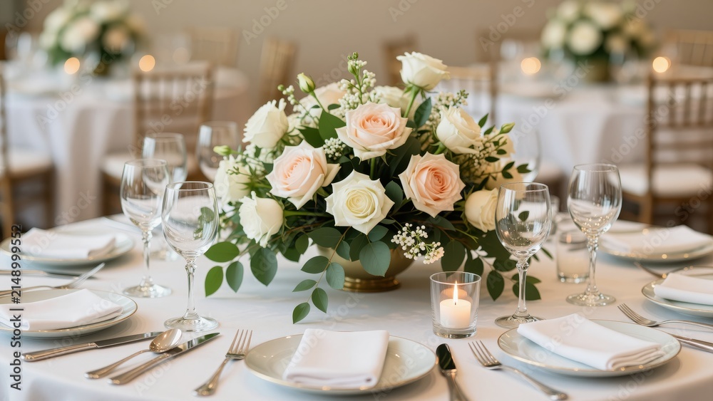 Fototapeta premium Elegant Wedding Table Setup with Floral Centerpiece