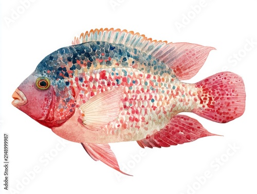 Watercolor Painting Of A Vibrant Tropical Fish With Red And Blue Scales Isolated On White Background