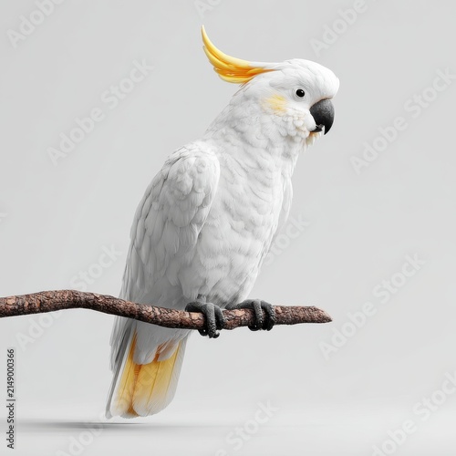 White Sulphur Crested Cockatoo Perched On A Wooden Branch With Soft Light And Plain White Background