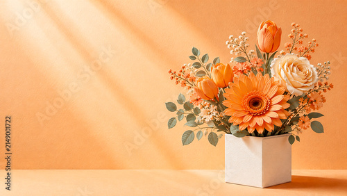 Elegant paper cut flower arrangement in a textured white vase, featuring layered green and cream flowers, soft sunlight, shadows, and clean copy space.