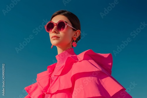 Bold fashion statement featuring a stylish woman in vibrant pink ruffled clothing and oversized sunglasses against a bright blue sky. Generative AI