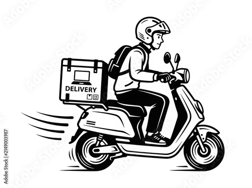 Man riding scooter with laptop on white background isolated on transparent background