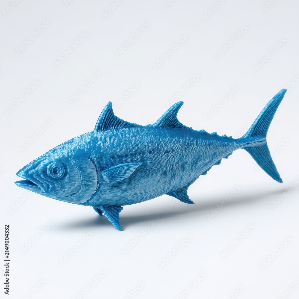 Fototapeta premium Blue Tuna Fish Sculpture Isolated On A Plain White Background Featuring Intricate Textured Scales