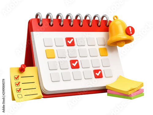 Red desktop calendar with yellow bell and note paper set for effective time management and project planning.