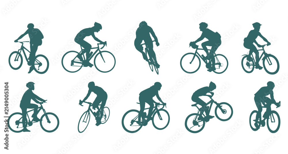 Fototapeta premium Cyclist silhouette vector illustration set with road bike and mountain bike riders