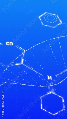 Animation of scientific data processing and dna strand over blue background