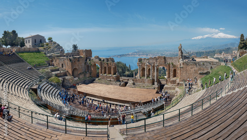 Ancient Greek theater of Taormina with Mount Etna in the background, Sicily, Italy