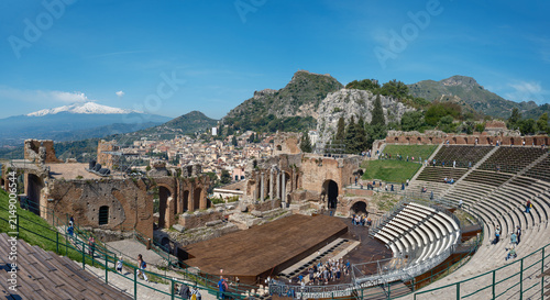 Ancient Greek theater of Taormina with Mount Etna in the background, Sicily, Italy