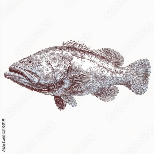 Detailed Pointillist Illustration Of A Large Bass Fish Isolated On A Plain White Background