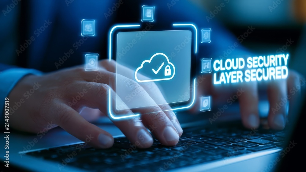 Fototapeta premium Cloud security layer secured concept displaying digital data protection technology shielding information systems infrastructure.