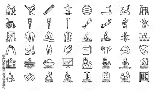 Physical Rehabilitation Line Art Icons with Therapy Treatment and Mobility Vector Set