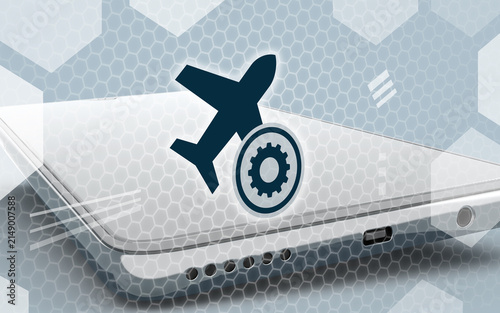 3D concept illustration showing an airplane icon with settings gears on a modern smartphone screen, symbolizing flight mode configuration and mobile device network connectivity options.