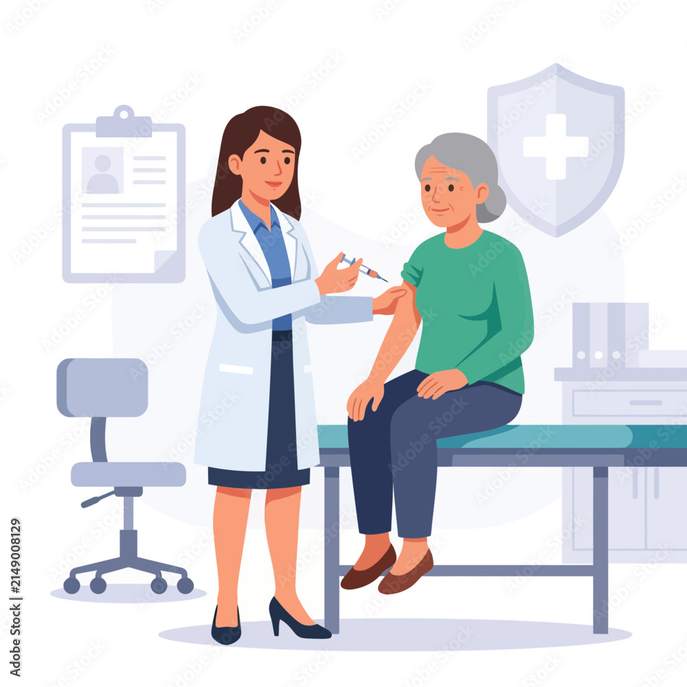 Fototapeta premium Doctor administering vaccine injection to elderly patient in clinic, flat illustration style