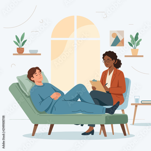 Psychotherapy session: patient relaxing on couch, therapist taking notes, mental health consultation, flat vector illustration
