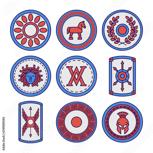Bild auf Leinwand Ancient Roman Shield Icon Set with Scutum, Spartan Helmet, Medusa, Laurel, Wreath Greek