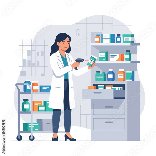 Pharmacist Scanning Medication in Pharmacy with Shelves and Cart - Flat Design Vector Illustration