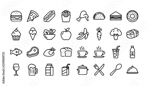 Black and White Food and Drink Line Art Icons Set with Fast Food Healthy Meals and Beverages Editable Stroke Vector