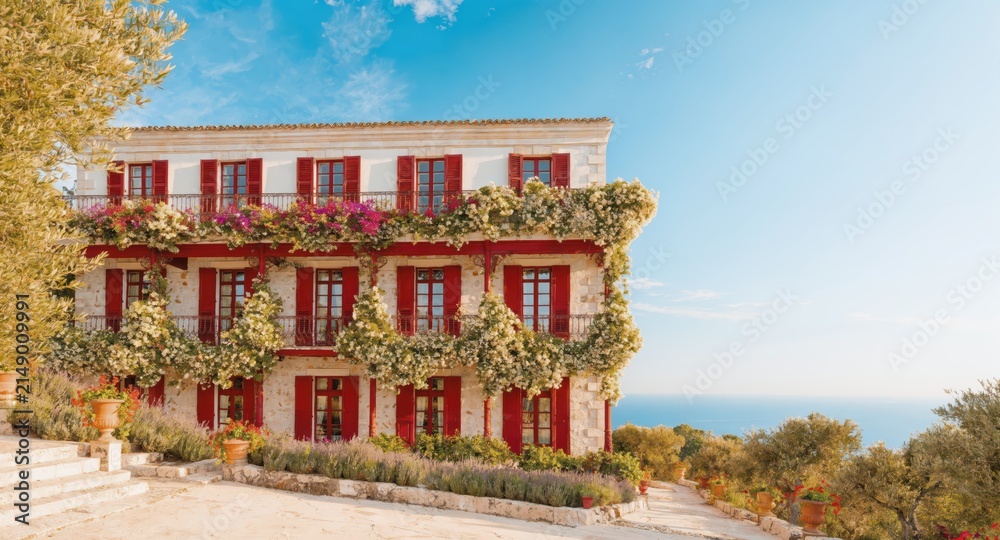 Obraz premium Sunlit coastal stone house with red shutters and flowering balconies overlooking sea, terraced pathway and potted plants creating mediterranean exterior scene