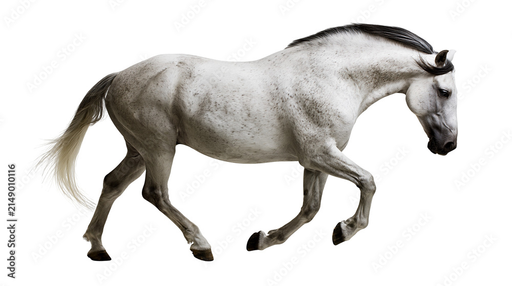 Fototapeta premium Dappled grey horse in motion, white