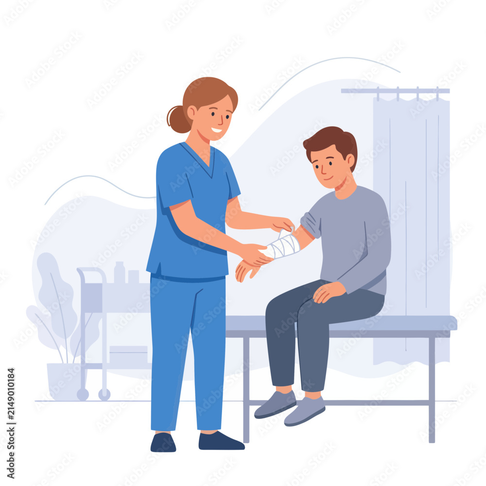 Obraz premium Nurse Applying Bandage to Patient's Arm - Medical Care Illustration