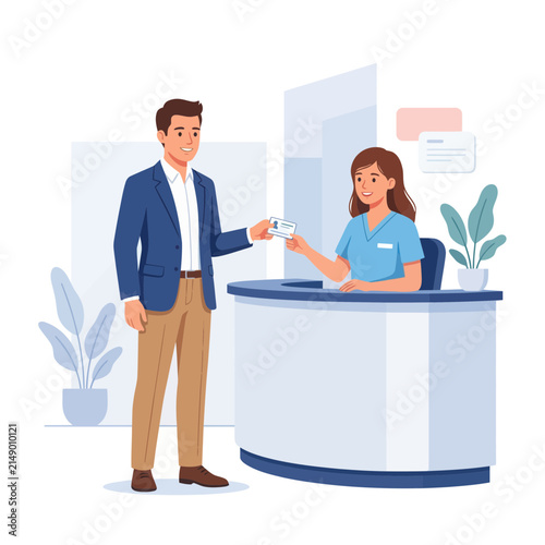 Man Presents ID Card to Receptionist at Modern Information Desk or Counter, Flat Vector Illustration