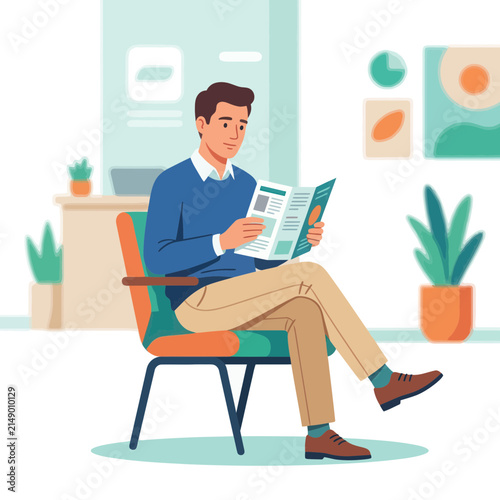 Man reading a magazine while sitting in a chair in a modern waiting room or office.