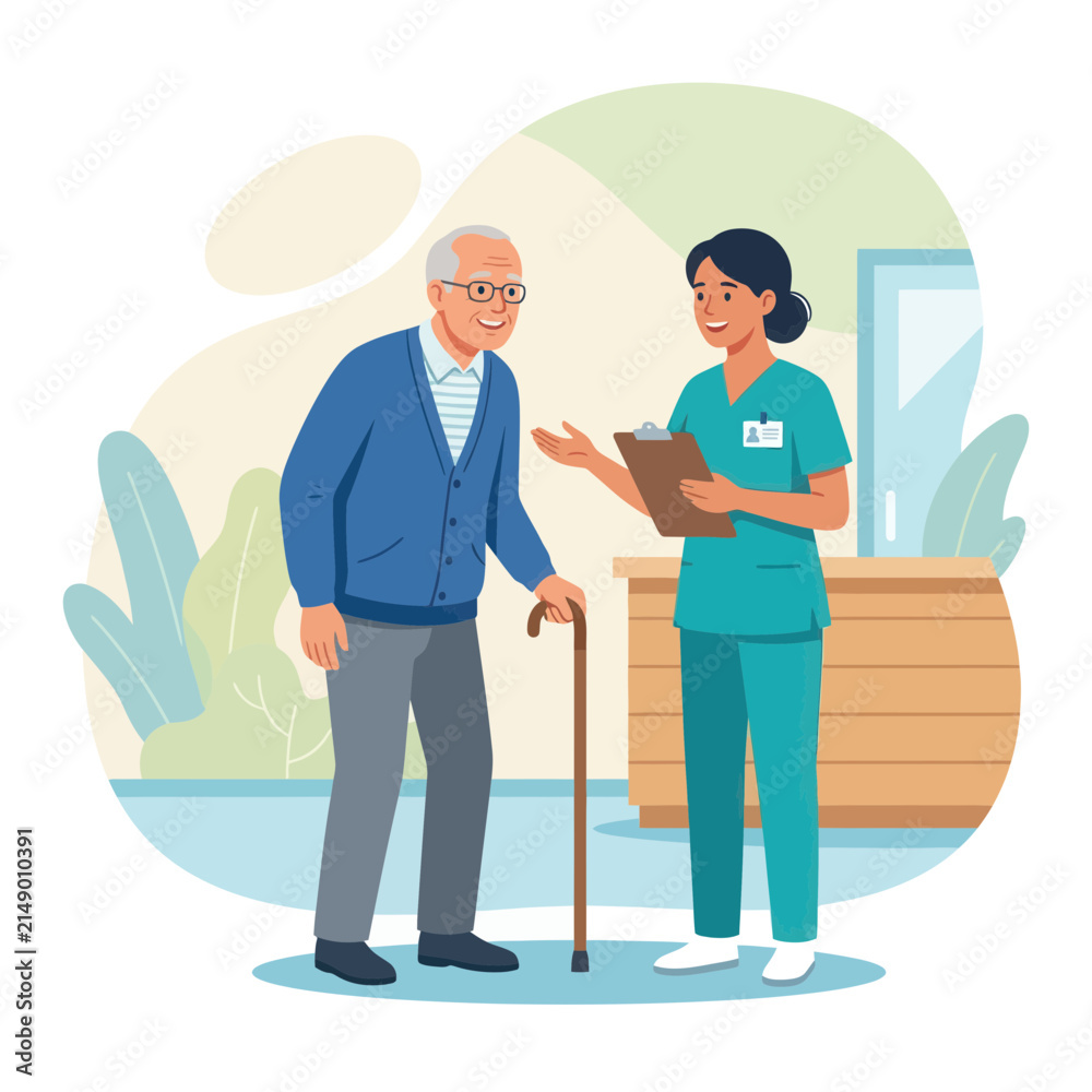 Fototapeta premium Nurse Consults Elderly Patient with Cane, Flat Design Vector Illustration