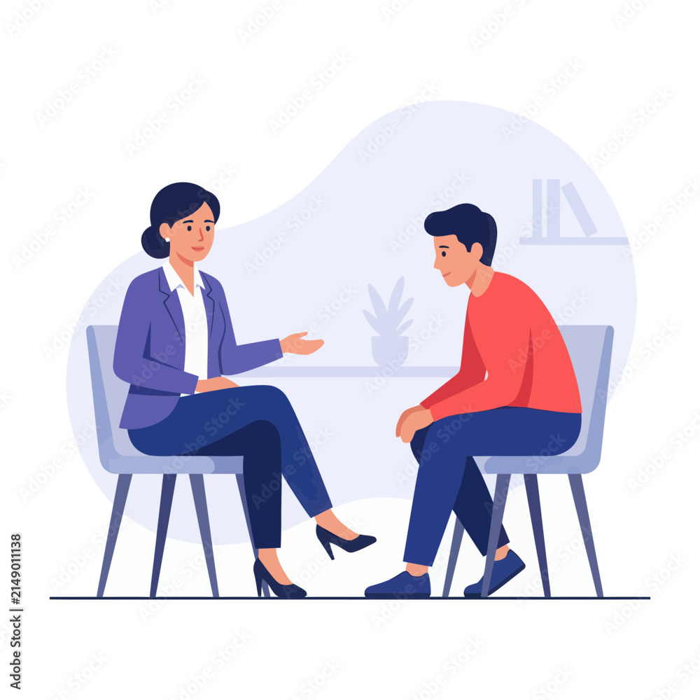Fototapeta premium Therapy session: Doctor consults with patient, flat vector illustration. Mental health, counseling, support, and communication concepts.