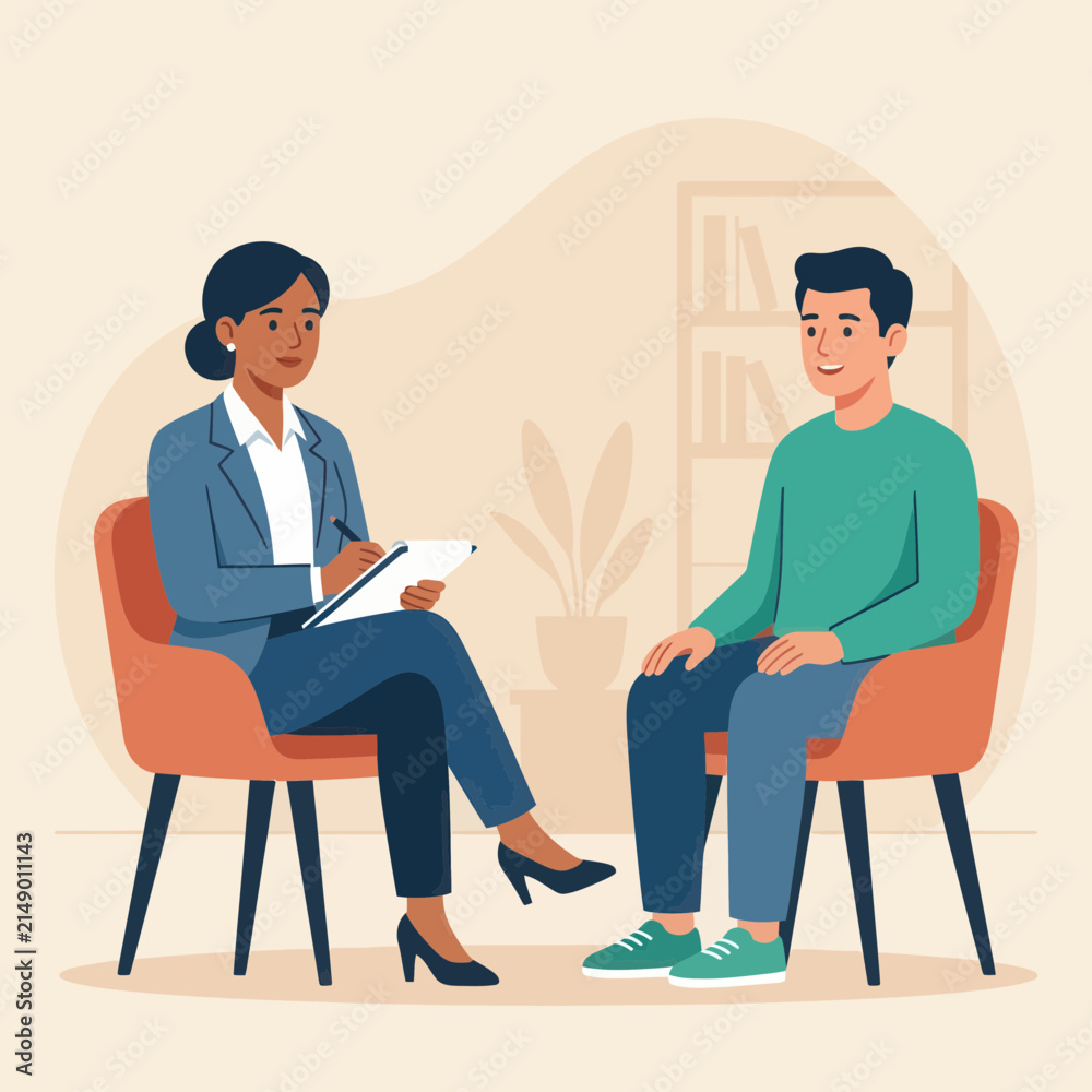 Obraz premium Therapy session: counselor and patient in a calm, modern office. Flat design vector illustration.