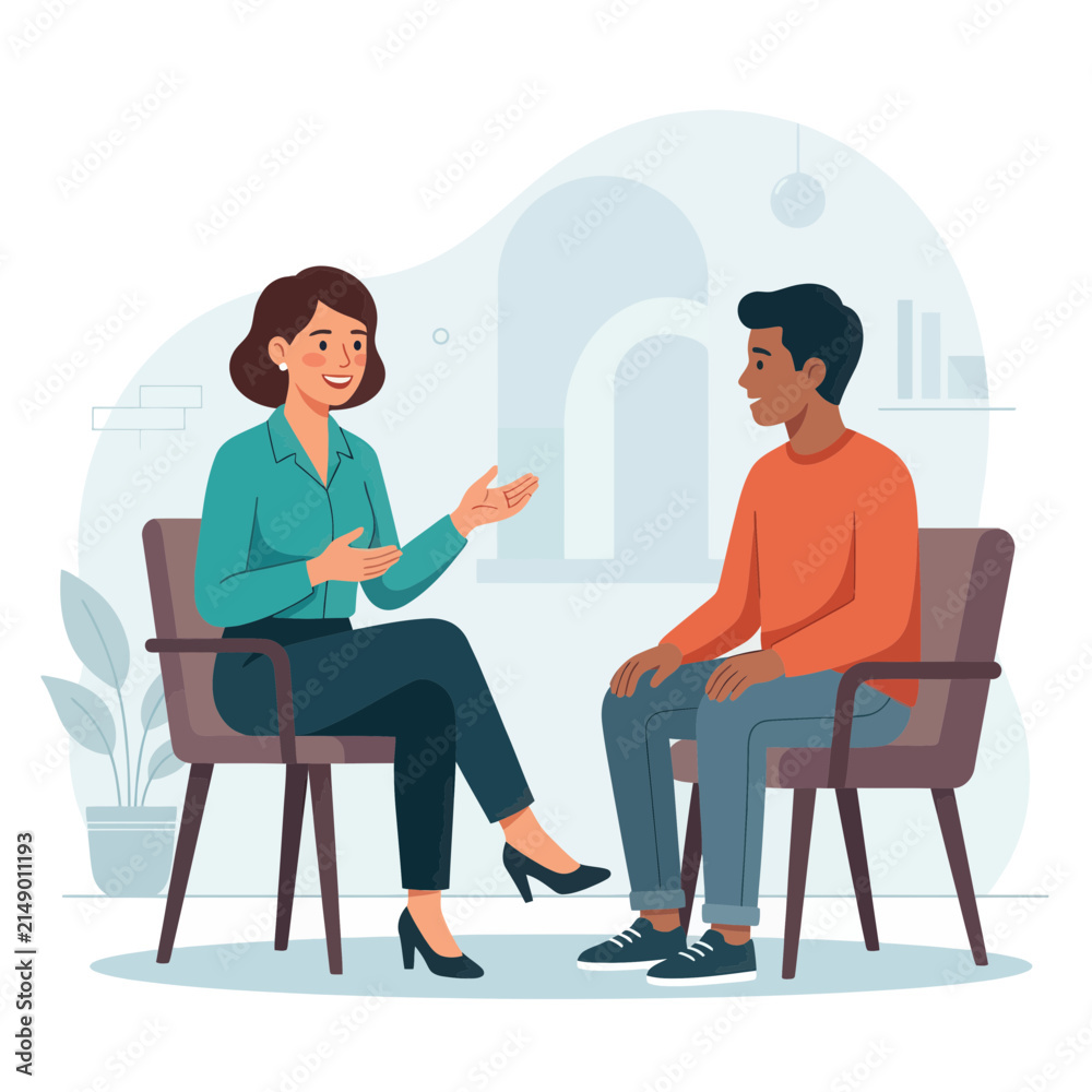 Fototapeta premium Therapy session illustration: Psychologist and patient talking in comfortable chairs, promoting mental health and support.