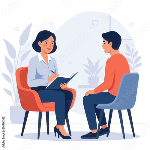 Psychologist or therapist counseling a patient, discussion and support in a modern, minimalist flat design style.