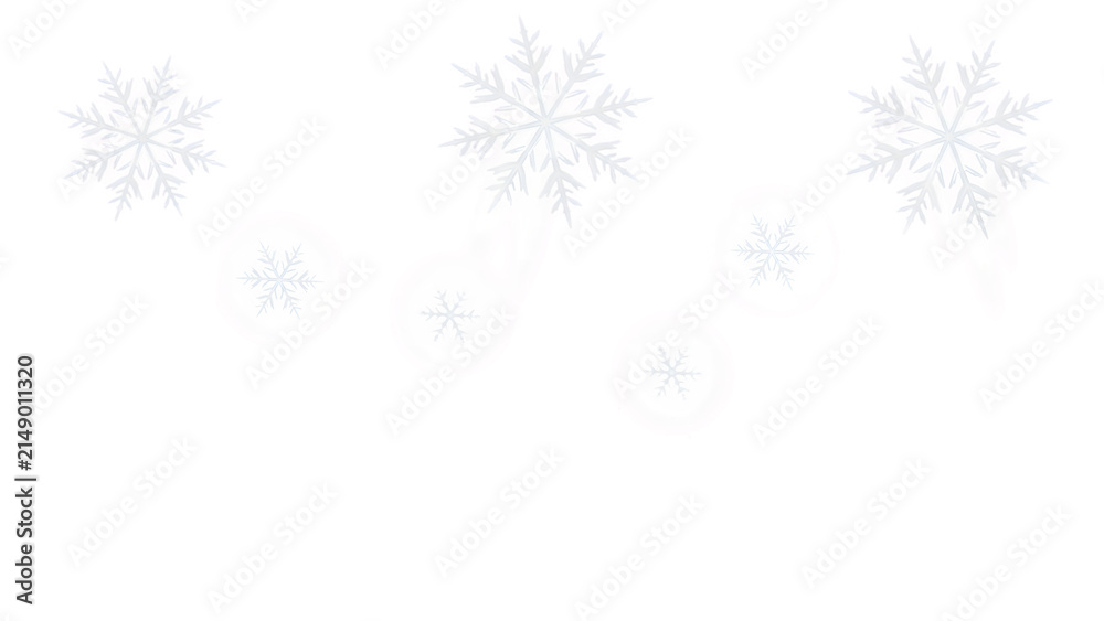 Fototapeta premium Three delicate pink snowflakes and two small circular ornaments floating on a solid black background, for festive winter, holiday themes