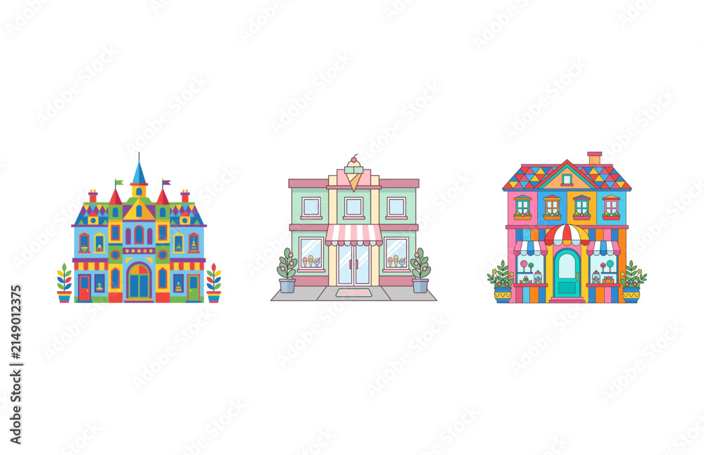 Naklejka premium Vector illustration of three colorful and whimsical fairy tale storefronts and buildings