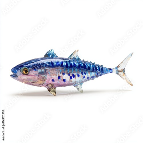 Intricate Blue Glass Tuna Sculpture With Translucent Details Isolated On A Clean White Background