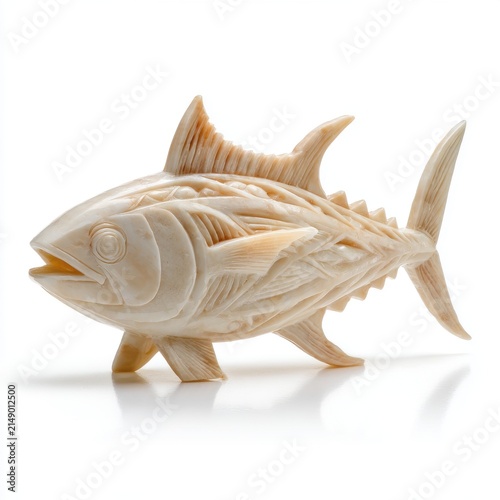 Intricate Carved Ivory Colored Tuna Fish Figurine On White Background Studio Shot
