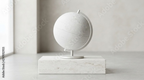 Minimal White World Globe on Stone Pedestal in Bright Interior
