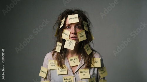 Overwhelmed Woman Covered in Sticky Notes Expressing Stress and Anxiety.