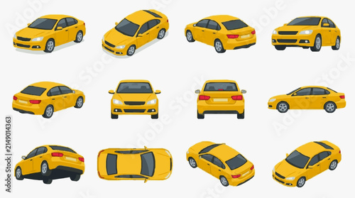Clean Yellow Taxi Cars Collection in Various Angles and Styles for Illustrative Use with high quality professional line art symbols for modern creative design and digital branding projects