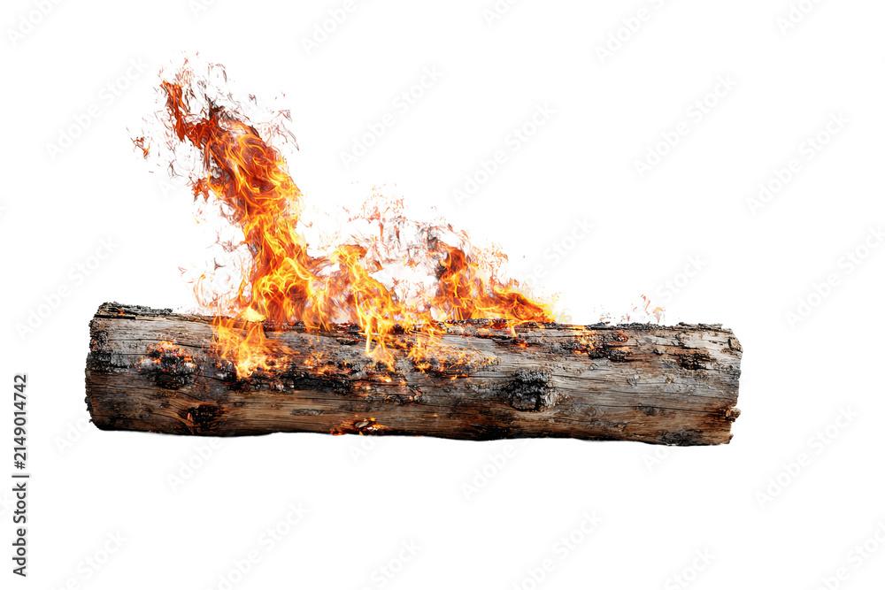 Fototapeta premium Burning wooden beam with bright orange flames, isolated PNG on transparent background