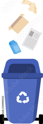 Recycling bin with various waste items falling into it, promoting environmental care and waste sorting concept