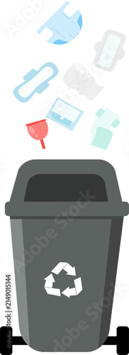 Overfilled recycling bin with feminine hygiene products. Menstrual waste and environmental impact illustration.