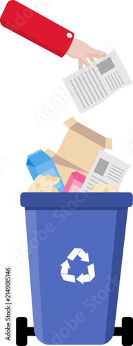 Hand putting paper into blue recycling bin with recycling symbol. Waste sorting and environmental conservation concept illustration.