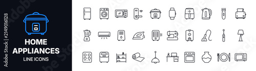 Modern home appliances line icon set featuring refrigerators, washing machines, ovens, microwaves, coffee makers, irons, vacuum cleaners, kitchen equipment and household devices in minimal outline