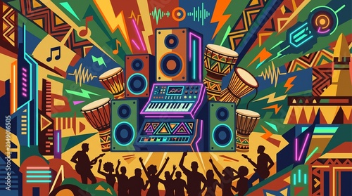 Afrofuturism Abstract Music Background with Modern Speakers and Hand Drums