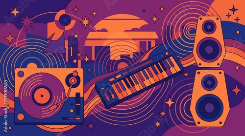 Lo-Fi Chillwave Abstract Music Background with Vinyl Record Player and Speakers